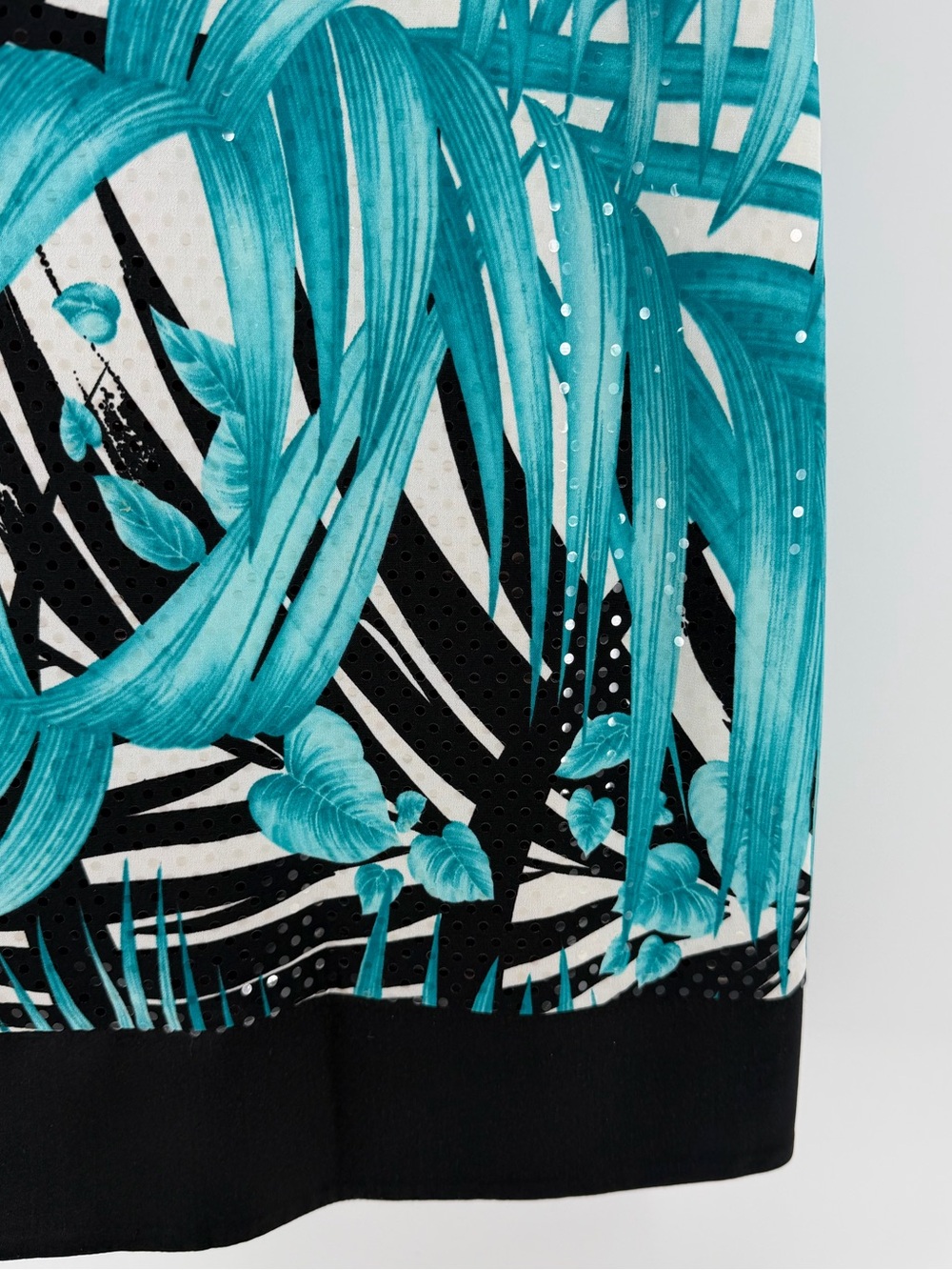 Cache Teal Black White Tropical Print Clear Sequin Sleeveless Dress, Women's 8 - Picture 5 of 9